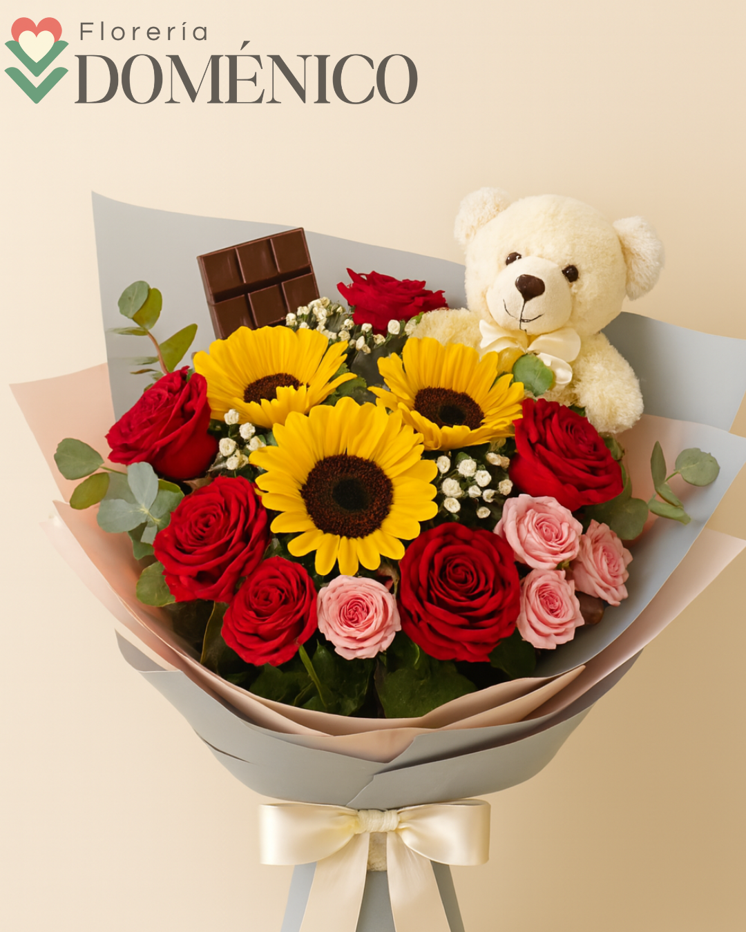 Buquet mix con girasol + osito de peluche